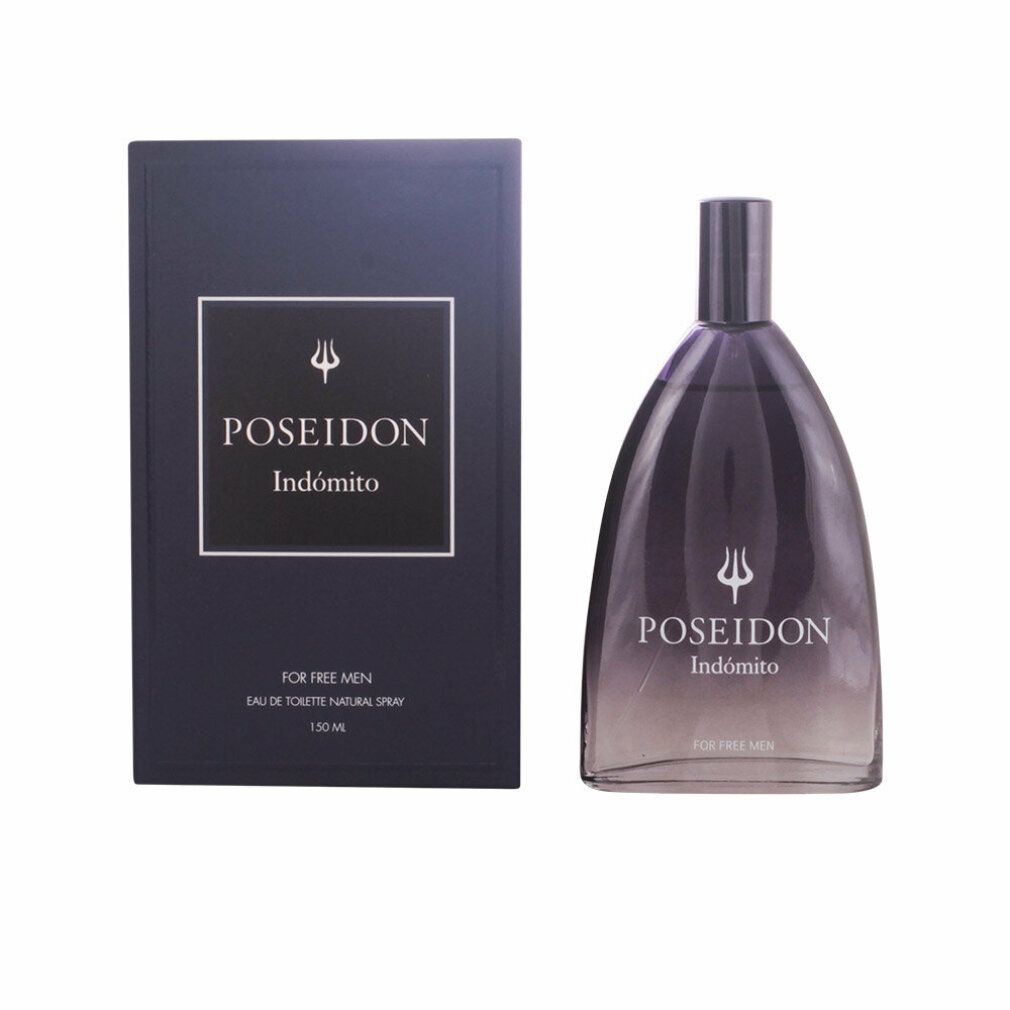 Dunkelblaue Schachtel und Flakon. Aufschrift: Poseidon Indómito. Flakon mit schwarzem Verschluss. Eau de Toilette.