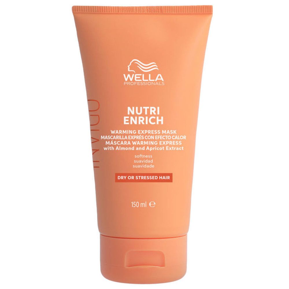 Orange Tube mit Produktnamen und Logo. Text: Nutri Enrich, Warming Express Mask, mit Mandel- und Aprikosextrakt. Für trockenes oder strapaziertes Haar.