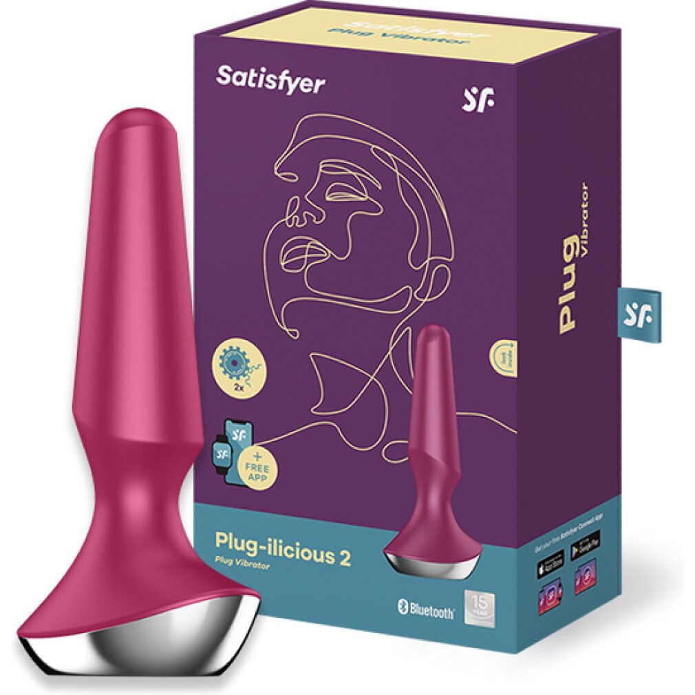 Produkt und Verpackung. Rosa Analplug mit silberfarbenem Sockel. Marke: Satisfyer. Text: Plug-ilicious 2, Plug Vibrator.