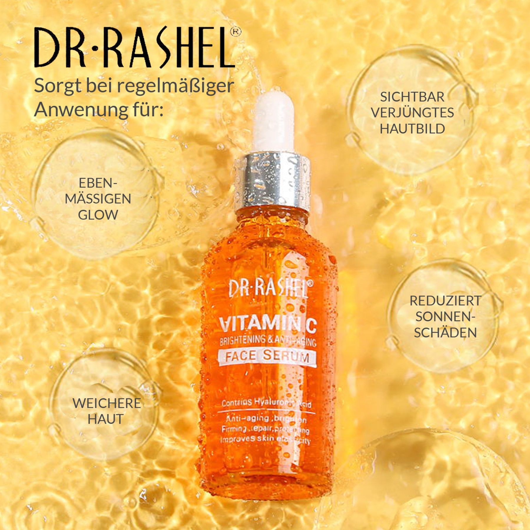 Flasche DR. RASHEL Vitamin C Serum. Orangefarbene Flüssigkeit. Text: Vitamin C, Brightening & Anti-Aging Face Serum. Hintergrund mit Wasserblasen.