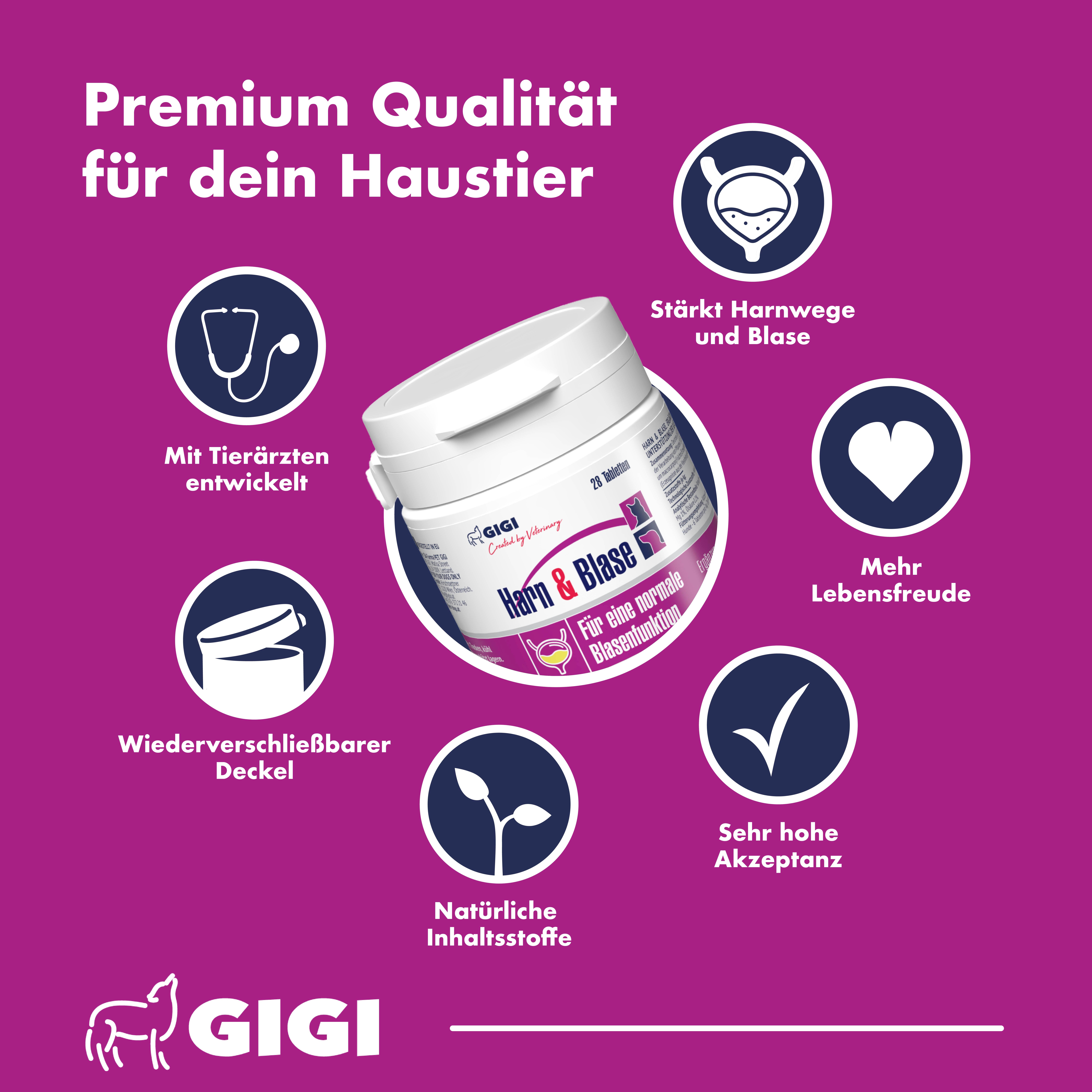 Weiße Tabletten in einer Dose. Aufschrift: GIGI Harn & Blase. Illustrationen: Blase, Herz, Blätter, Stethoskop.