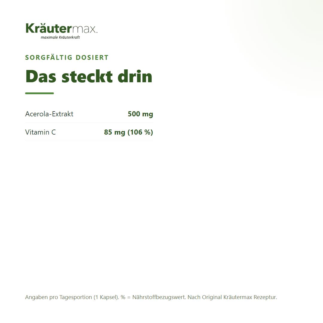 Übersicht der Inhaltsstoffe: Acerola-Extrakt und Vitamin C in Kräutermax Kapseln.
