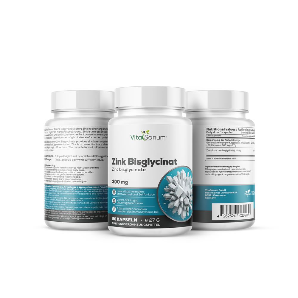 Drei Flaschen Zink Bisglycinat von VitaSanum. Eine Flasche zeigt das Etikett mit 300 mg Zink Bisglycinat, 90 Kapseln, 27g.