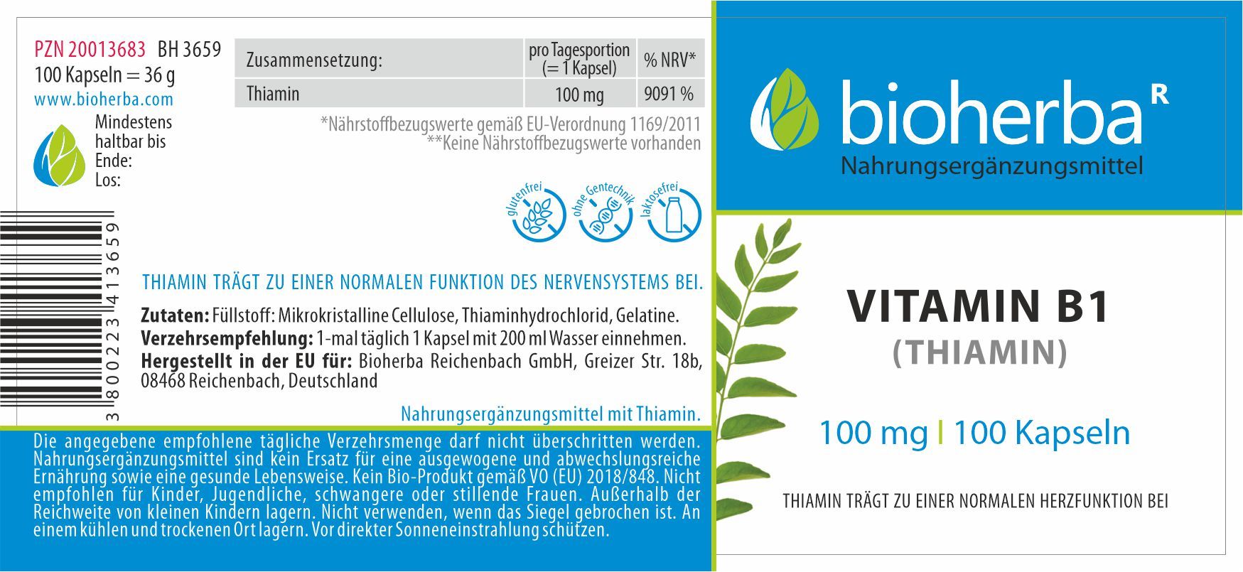 Etikett mit Produktinformationen. Text: Bioherba, Vitamin B1 (Thiamin), 100 mg, 100 Kapseln. Enthält Nährwertangaben und Inhaltsstoffe.