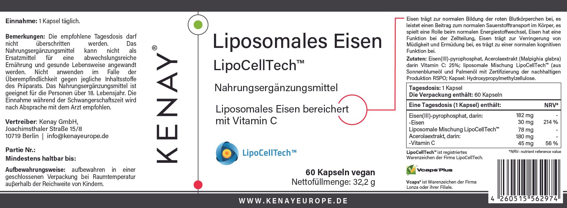 Detailansicht des Etiketts einer Flasche. Aufschrift: Liposomales Eisen LipoCellTech™, KENAY®. Nahrungsergänzungsmittel. 60 Kapseln vegan.