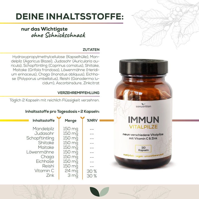Sanutrition® - Immun Vitalpilze | mit Chaga, Reishi, Löwenmähne, Shiitake, Maitake etc.