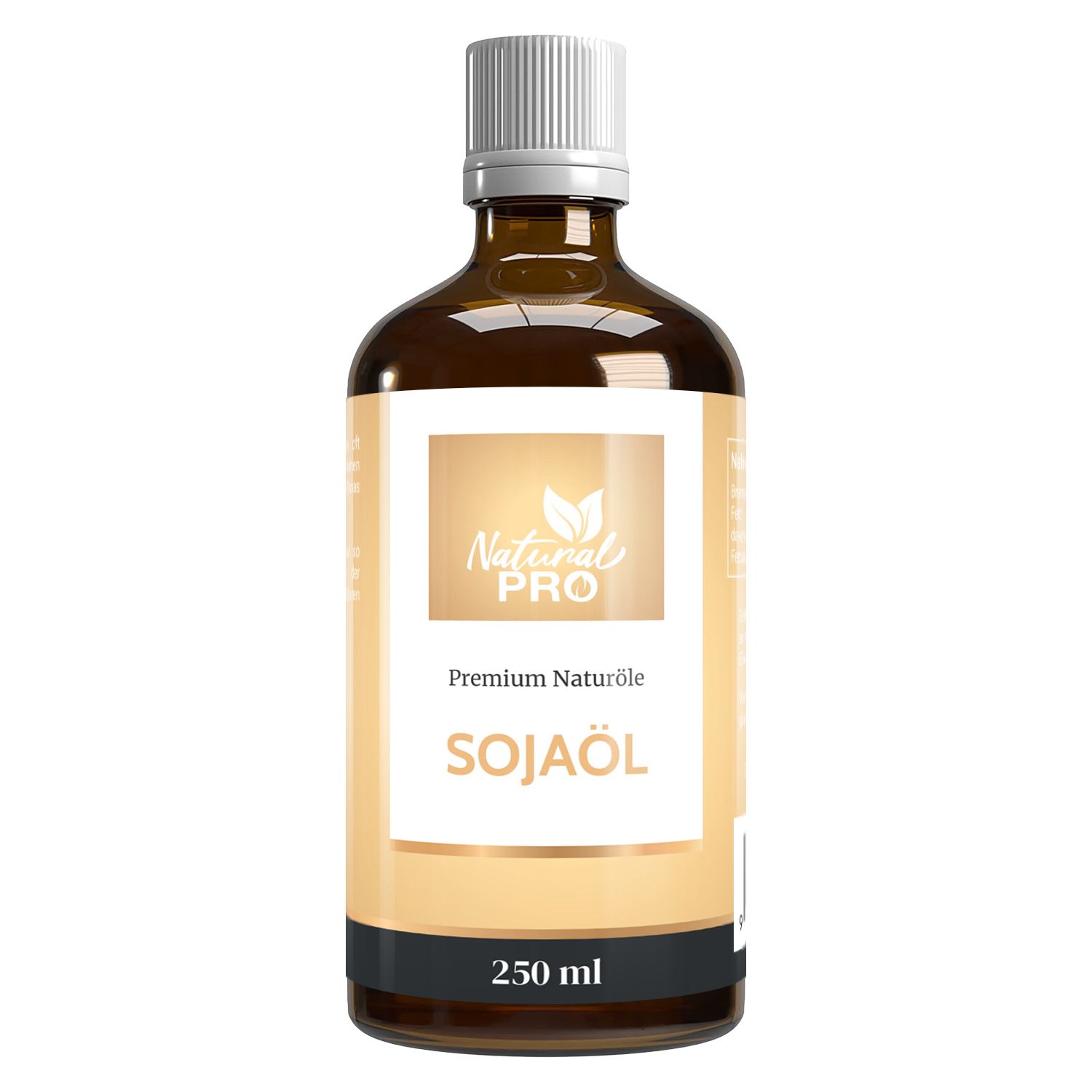 Braune Glasflasche mit weißem Deckel. Etikett mit Logo, Produktname Sojaöl und 250 ml. Premium Naturöle.