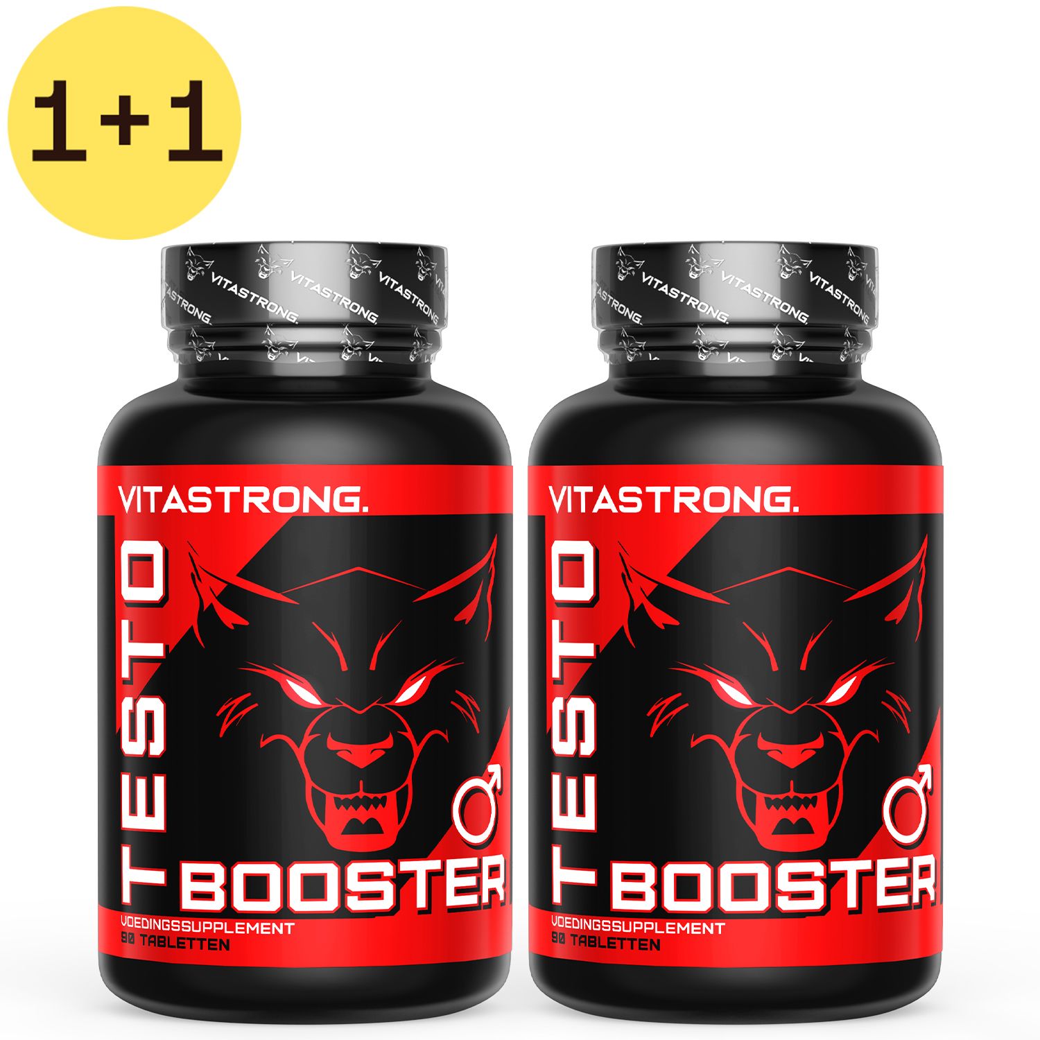 Zwei schwarze Flaschen mit rotem Etikett. Aufschrift: TESTO BOOSTER. Logo: Wolf. 1+1 Angebot.