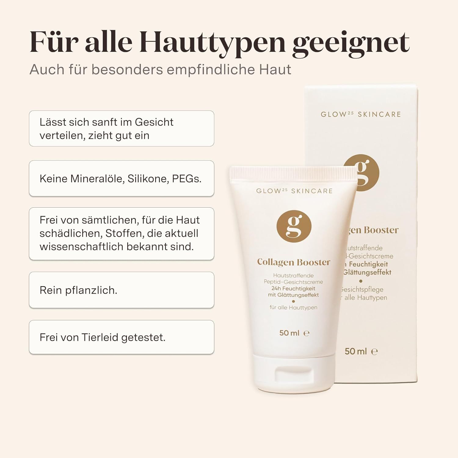 Creme-Tube und Verpackung. Text: "Collagen Booster", "50 ml".