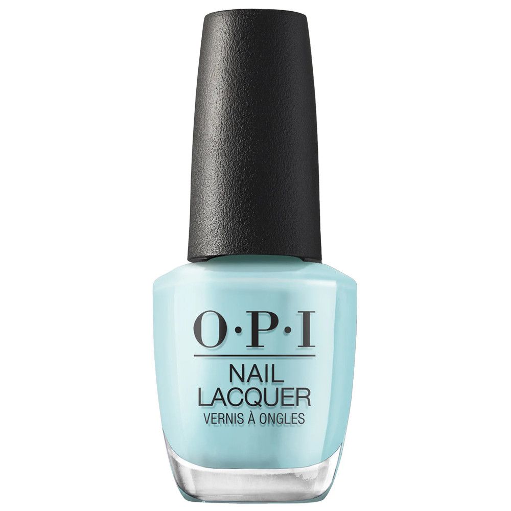 O.P.I. Nagellack-Flasche, hellblau. Schwarzer Deckel. Schriftzug 'Nail Lacquer'.