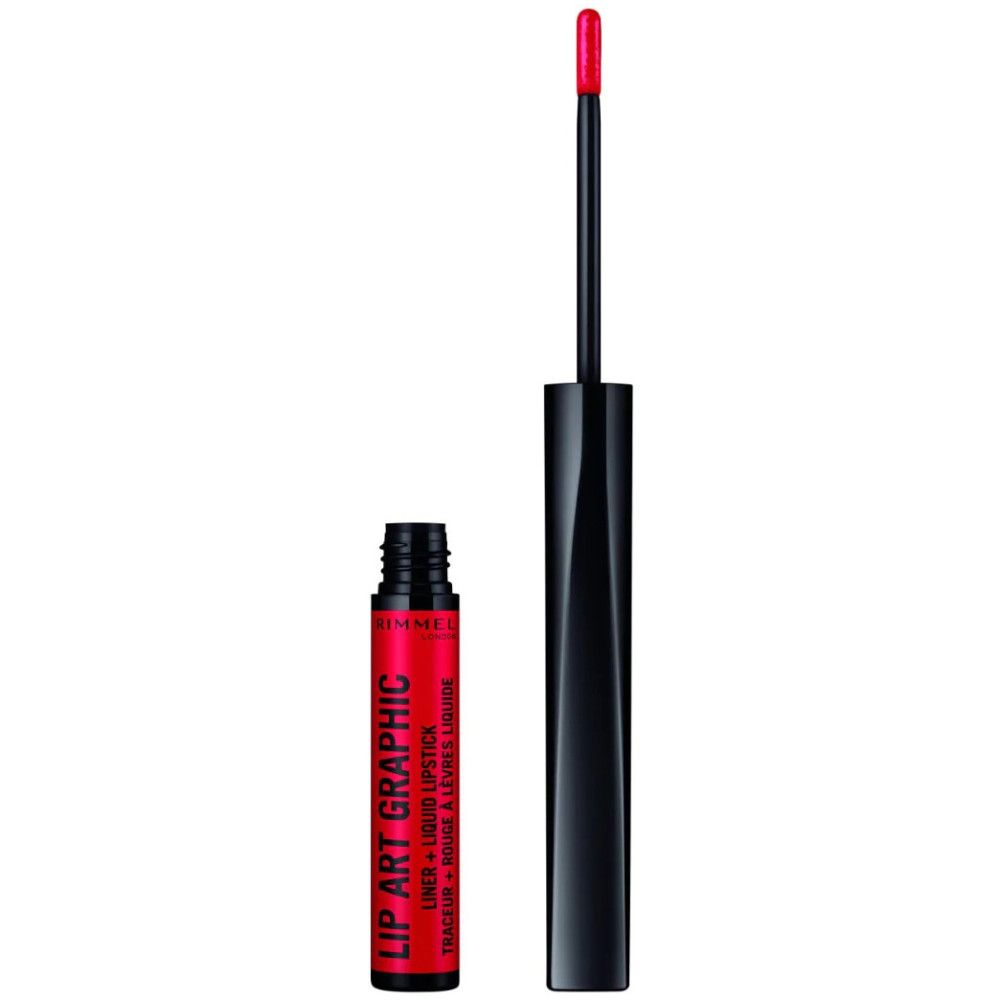 Roter Lip Art Graphic Liner. Schwarzer Stift und offene Flasche. Produktname und Marke sind sichtbar.