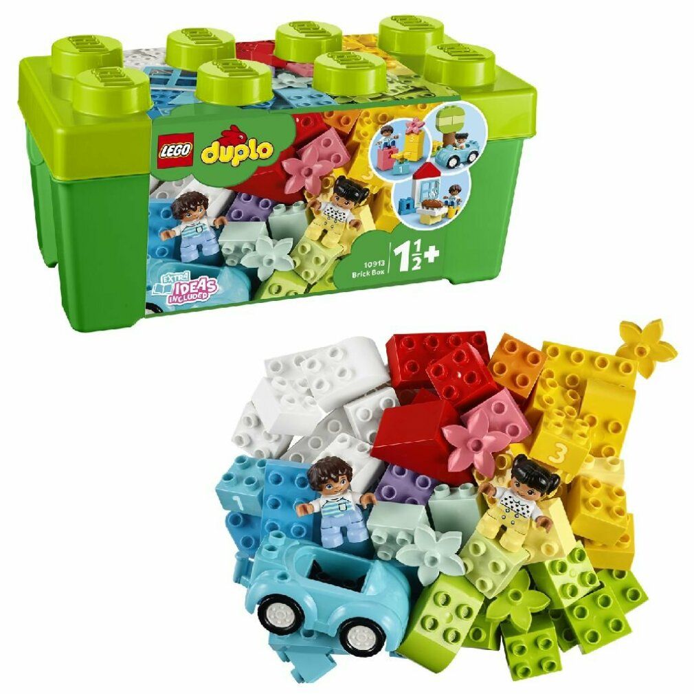 LEGO Duplo Brick Box mit Steinen und Figuren. Box grün, Steine bunt. Figuren und Auto. Altersempfehlung 1 1/2+.
