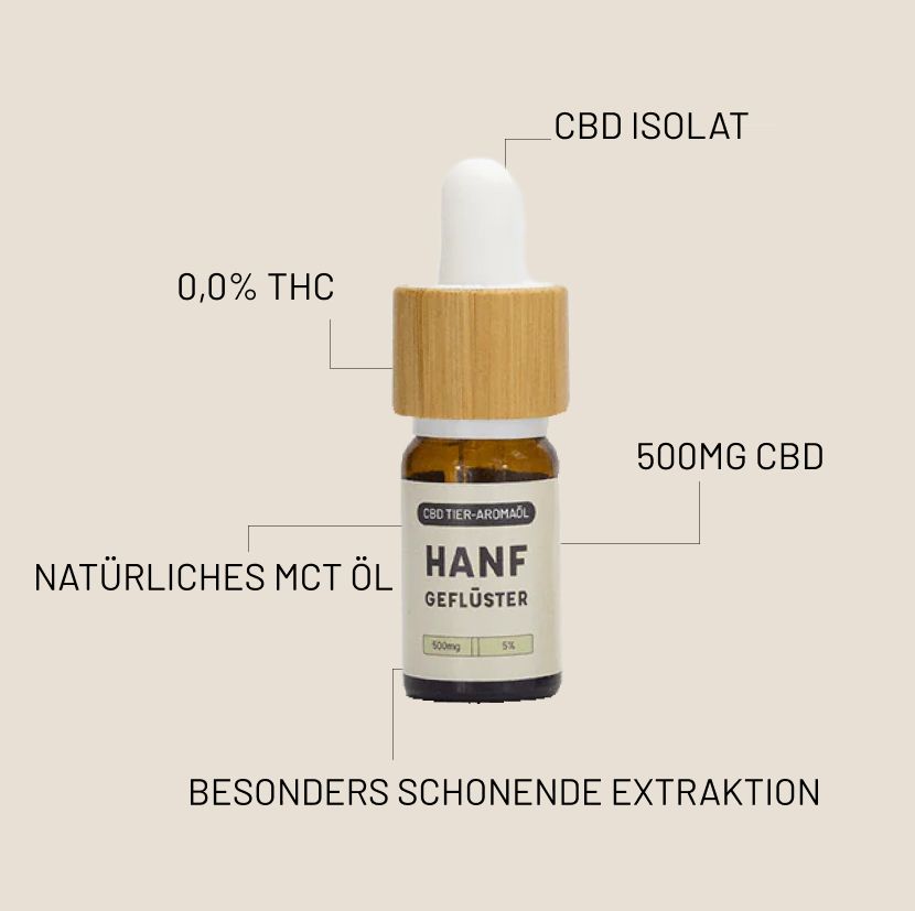 Braune Glasflasche mit Bambusdeckel. Aufschrift HANFGEFLÜSTER. Enthält 500mg CBD. Etikett mit 0,0% THC und natürlichem MCT Öl.