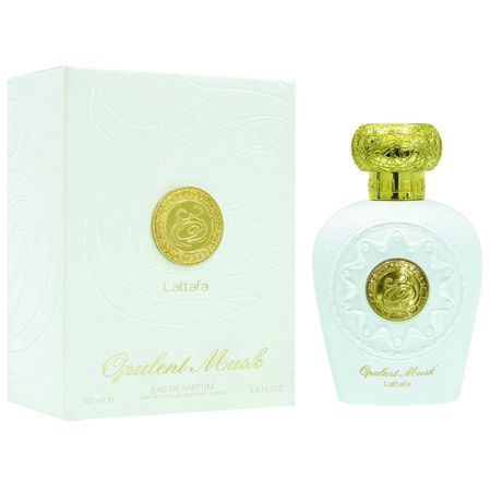 Parfumflasche und Verpackung. Flasche weiß mit goldenem Deckel. Verpackung weiß mit Logo. Aufschrift: Opulent Musk, Lattafa.