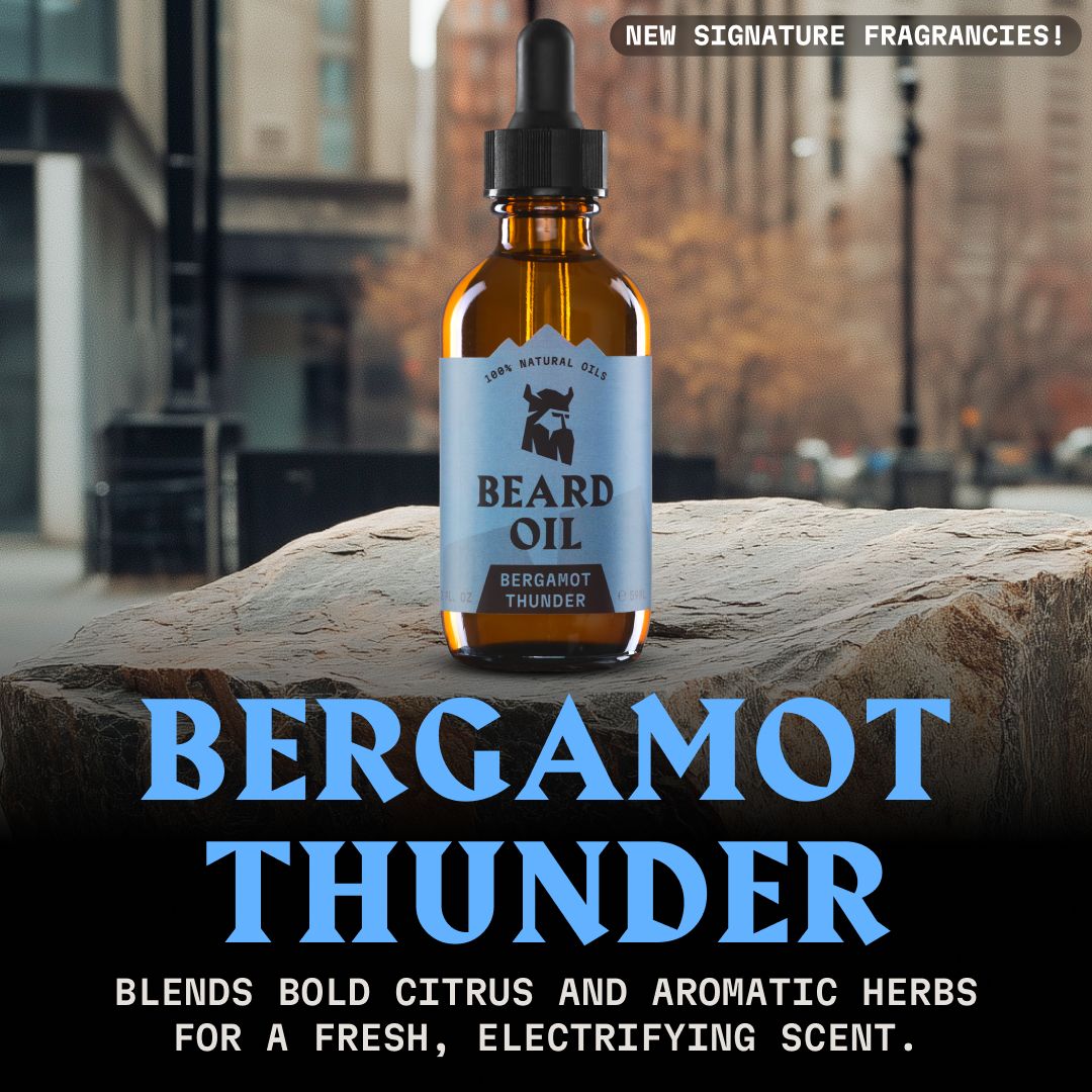 Flasche Bartöl mit Pipette auf einem Felsen in städtischer Umgebung. Text: Bergamot Thunder, frischer Duft.