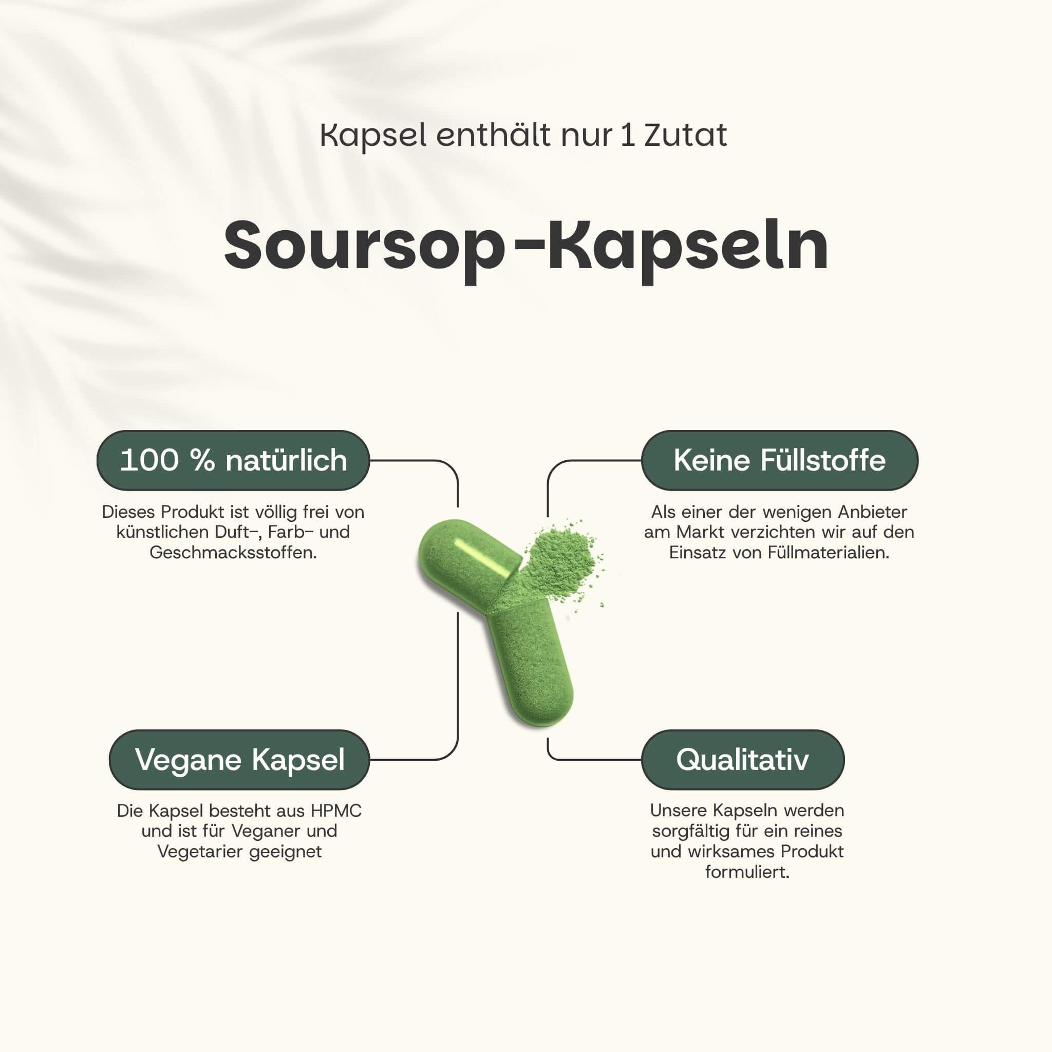 Grüne Kapsel mit Pulver. Text: 100% natürlich, keine Füllstoffe, vegane Kapsel, qualitativ hochwertig.