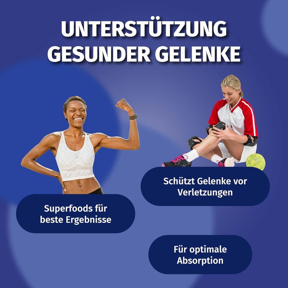 Grafik: Frauen und Text. Text: Unterstützung gesunder Gelenke. Grafiken: Superfoods, Verletzungen, Absorption.