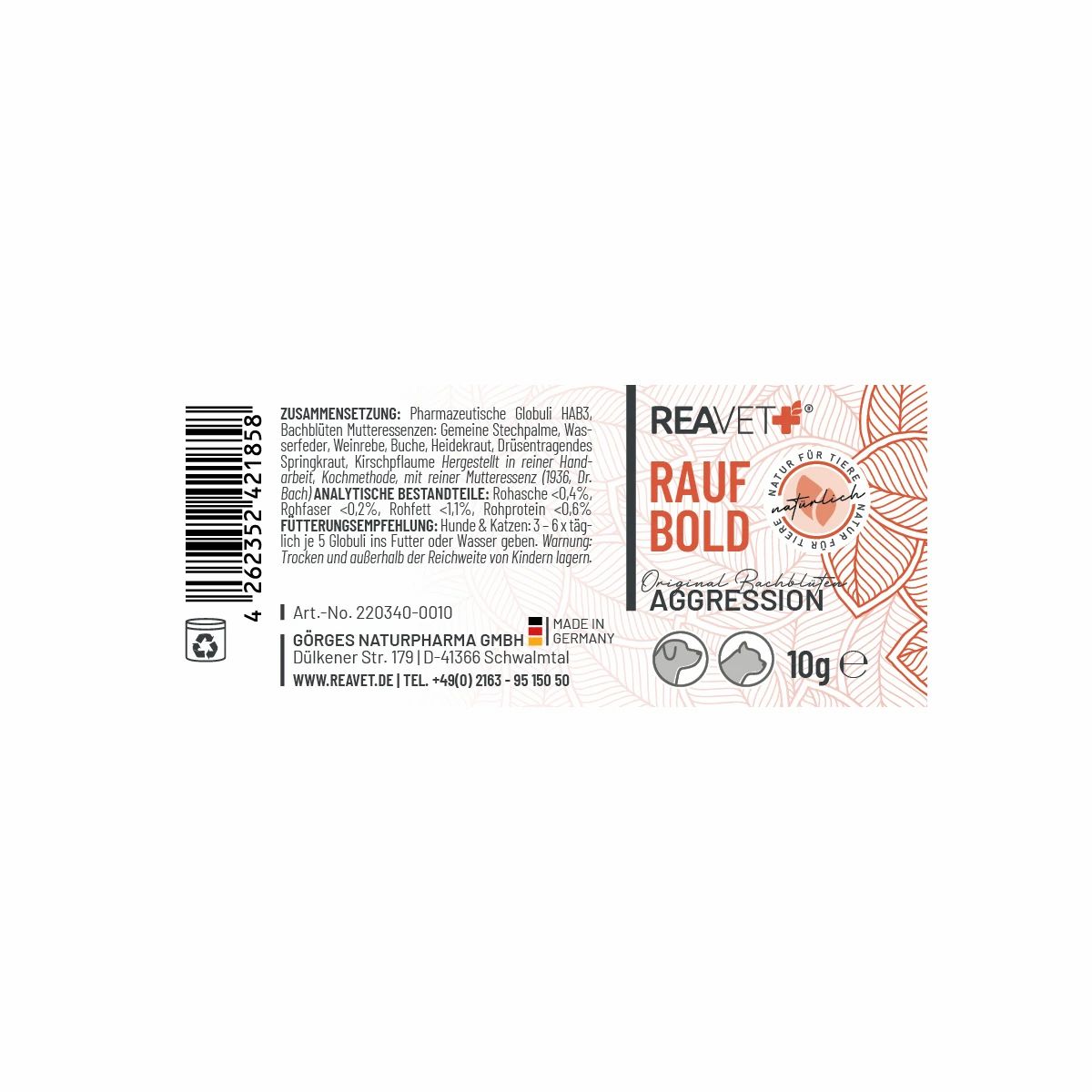 Rückseite eines Etiketts mit Produktinformationen, Barcode und "MADE IN GERMANY".