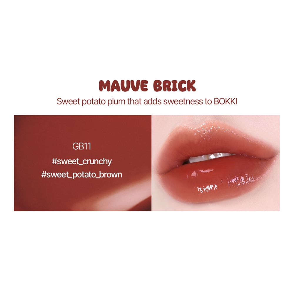 Nahaufnahme von Lippen mit Lippenstift. Text: "MAUVE BRICK". Farbton GB11. Hashtags: #sweet_crunchy, #sweet_potato_brown.