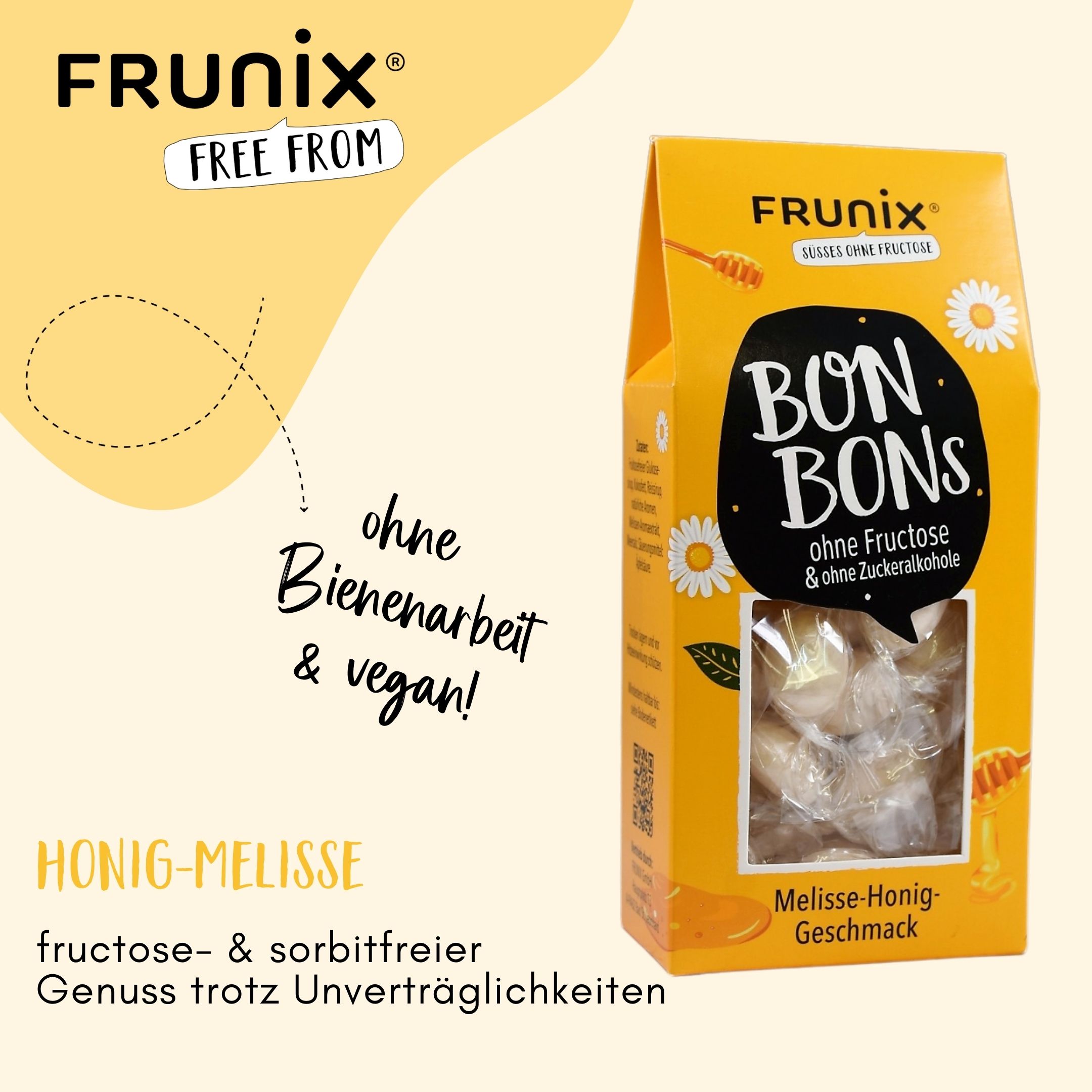 Gelbe Verpackung mit FRUNIX®-Logo und Bonbons. Text: Honig-Melisse, fructose- & sorbitfrei, vegan. Abbildung von Honigwabe.