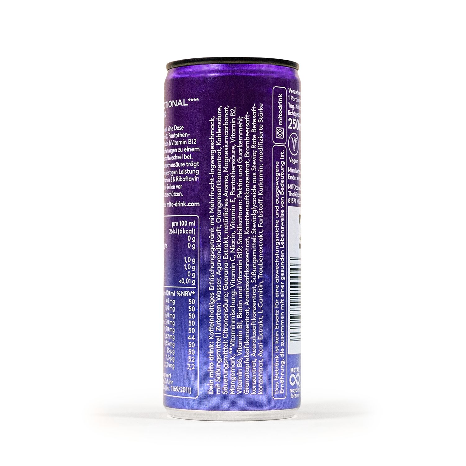 Rückseite einer lila Dose mit 'FUNCTIONAL DRINK' Aufschrift und detaillierten Informationen.