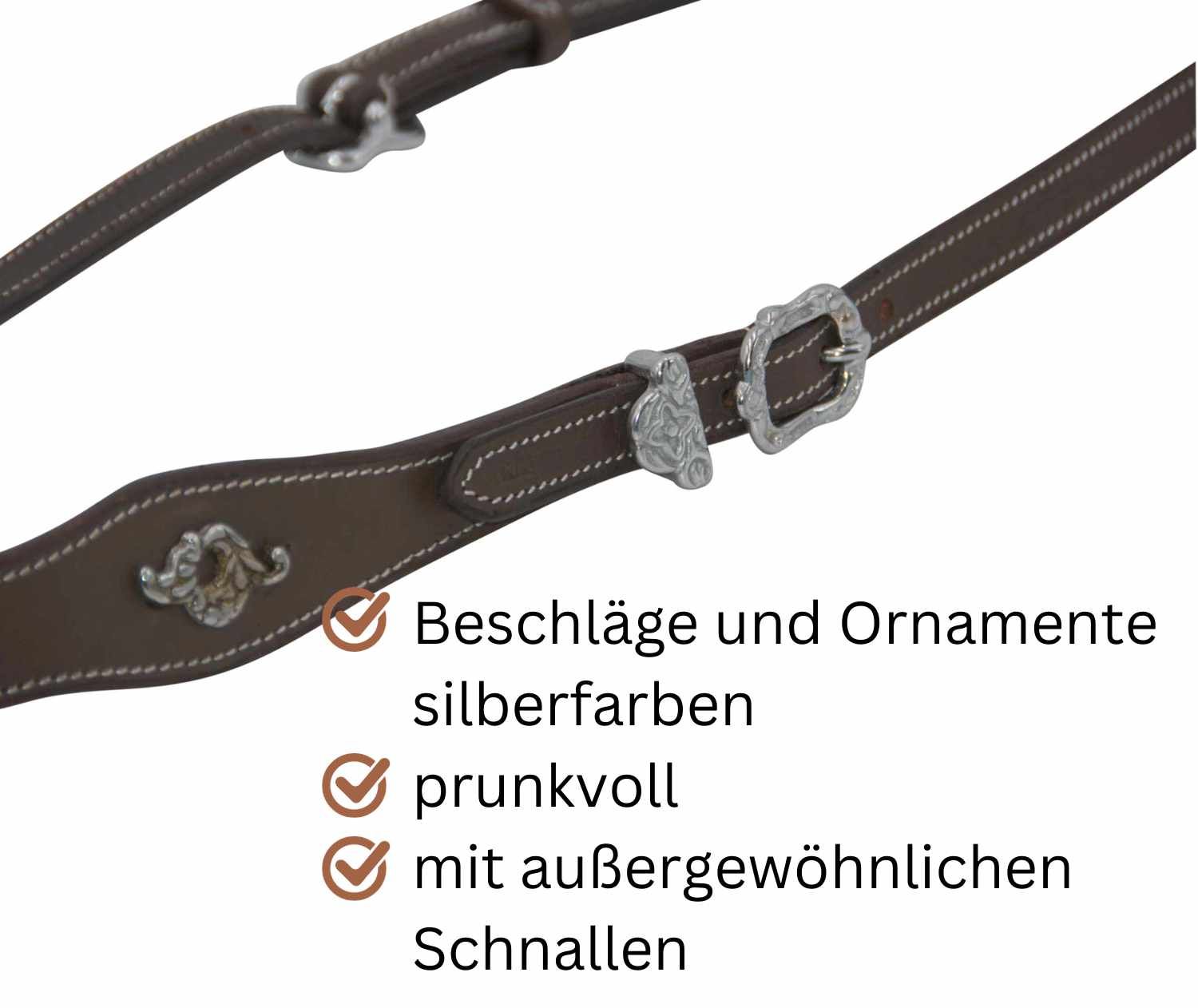 Nahaufnahme von silberfarbenen Beschlägen und Ornamenten an einem braunen Vorderzeug. Text: Beschläge und Ornamente silberfarben, prunkvoll, mit außergewöhnlichen Schnallen.