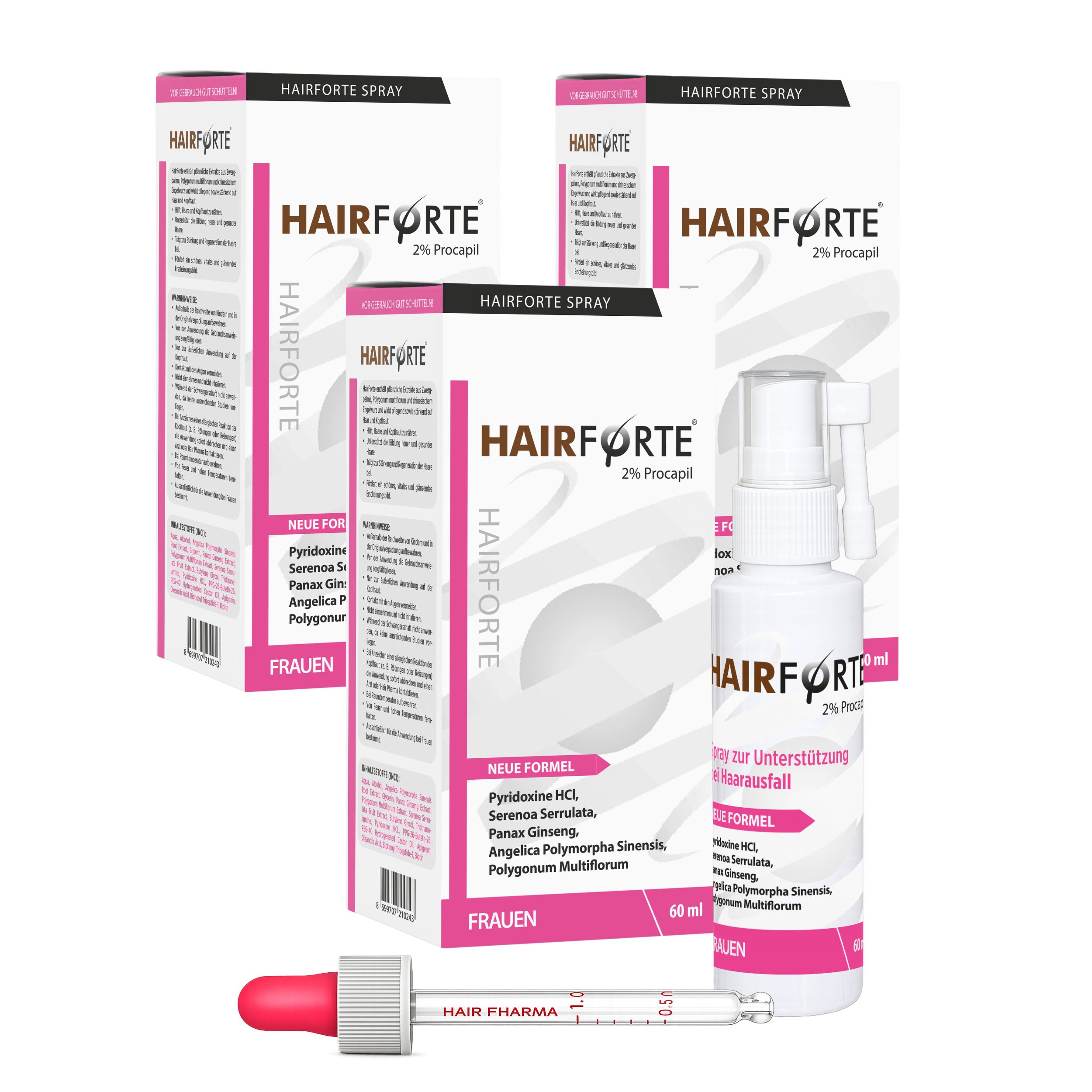 Drei Packungen und eine Flasche Hairforte Spray 2% Procapil für Frauen, 60 ml.