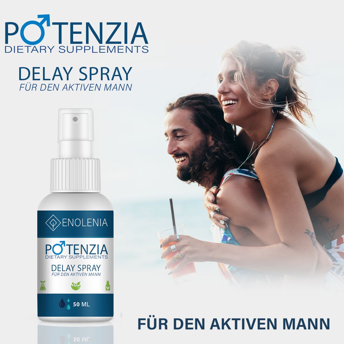 Produkt mit Paar am Strand. Text: Für den aktiven Mann.