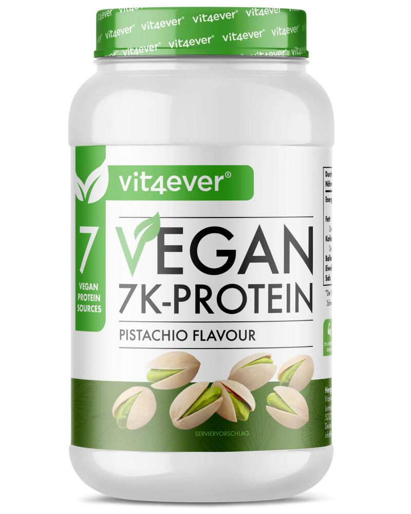 Weißes Vit4ever-Proteinpulver-Behälter mit grünem Deckel. Aufschrift: 7 Vegan 7K-Protein Pistachio Flavour. Pistazien abgebildet.