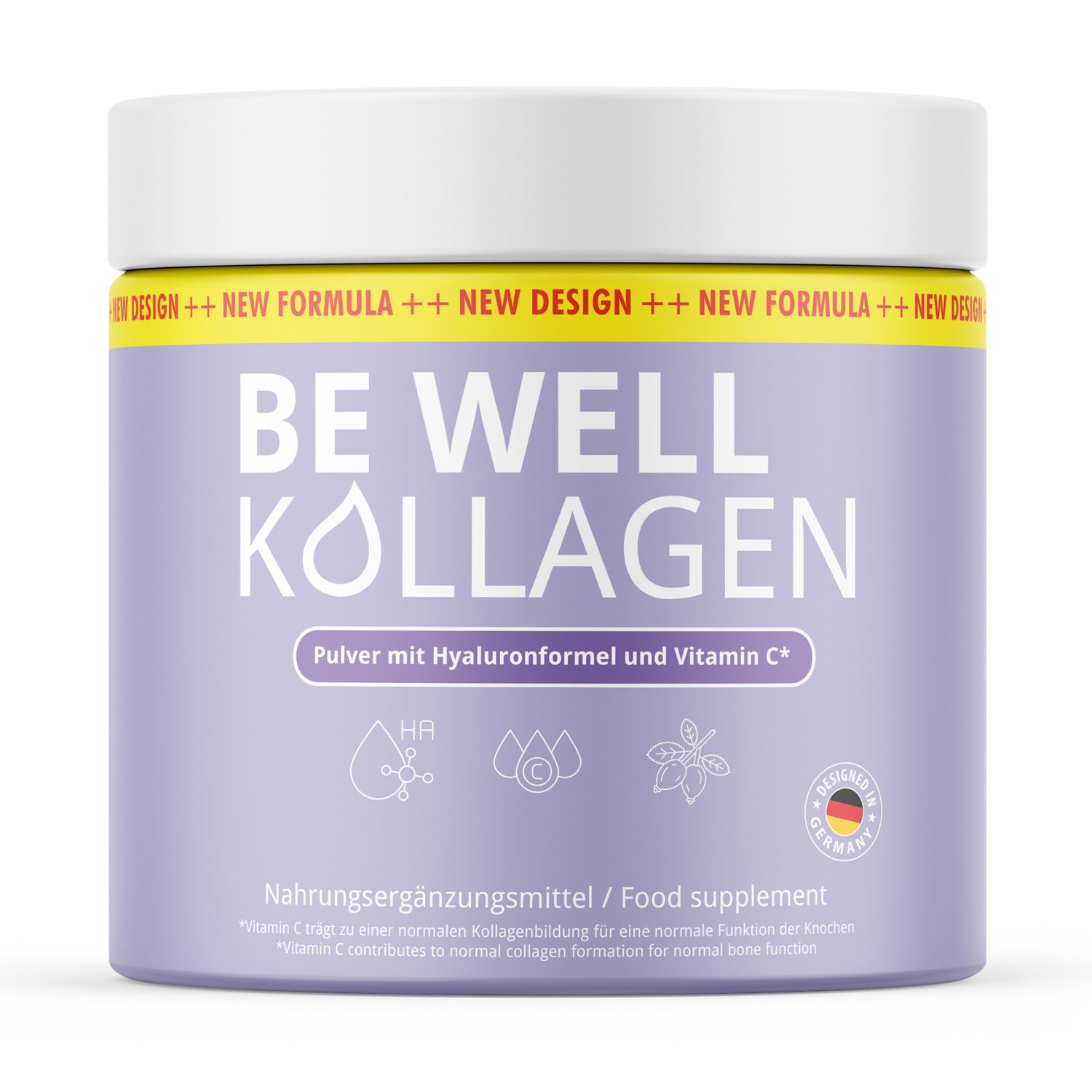 Lila Dose mit weißem Deckel. Aufschrift: BE WELL KOLLAGEN. Enthält Hyaluronsäure und Vitamin C. Hergestellt in Deutschland.