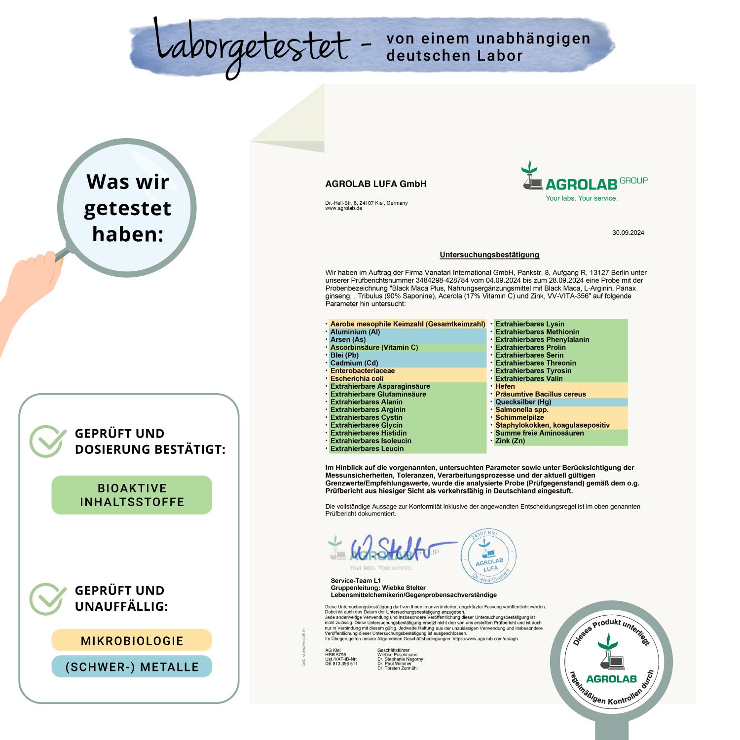 Zertifikat von Agrolab LUFA GmbH. Bestätigung von Bioaktiven Inhaltsstoffen und Mikrobiologie. Logo: Agrolab.