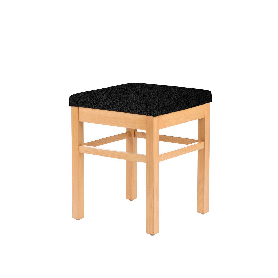 Hocker mit Holzrahmen und schwarzer Kunstleder-Sitzfläche. Quadratische Form, schlichtes Design.