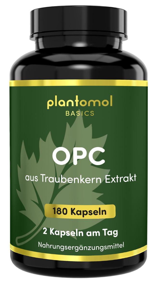 Braune Flasche mit grünem Etikett. Aufschrift: plantomol Basics OPC aus Traubenkern Extrakt. 180 Kapseln. Nahrungsergänzungsmittel.