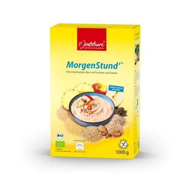 Gelbe Produktverpackung mit Aufschrift "MorgenStund'" und Abbildung von Brei mit Früchten. Bio-Siegel und 1000g.