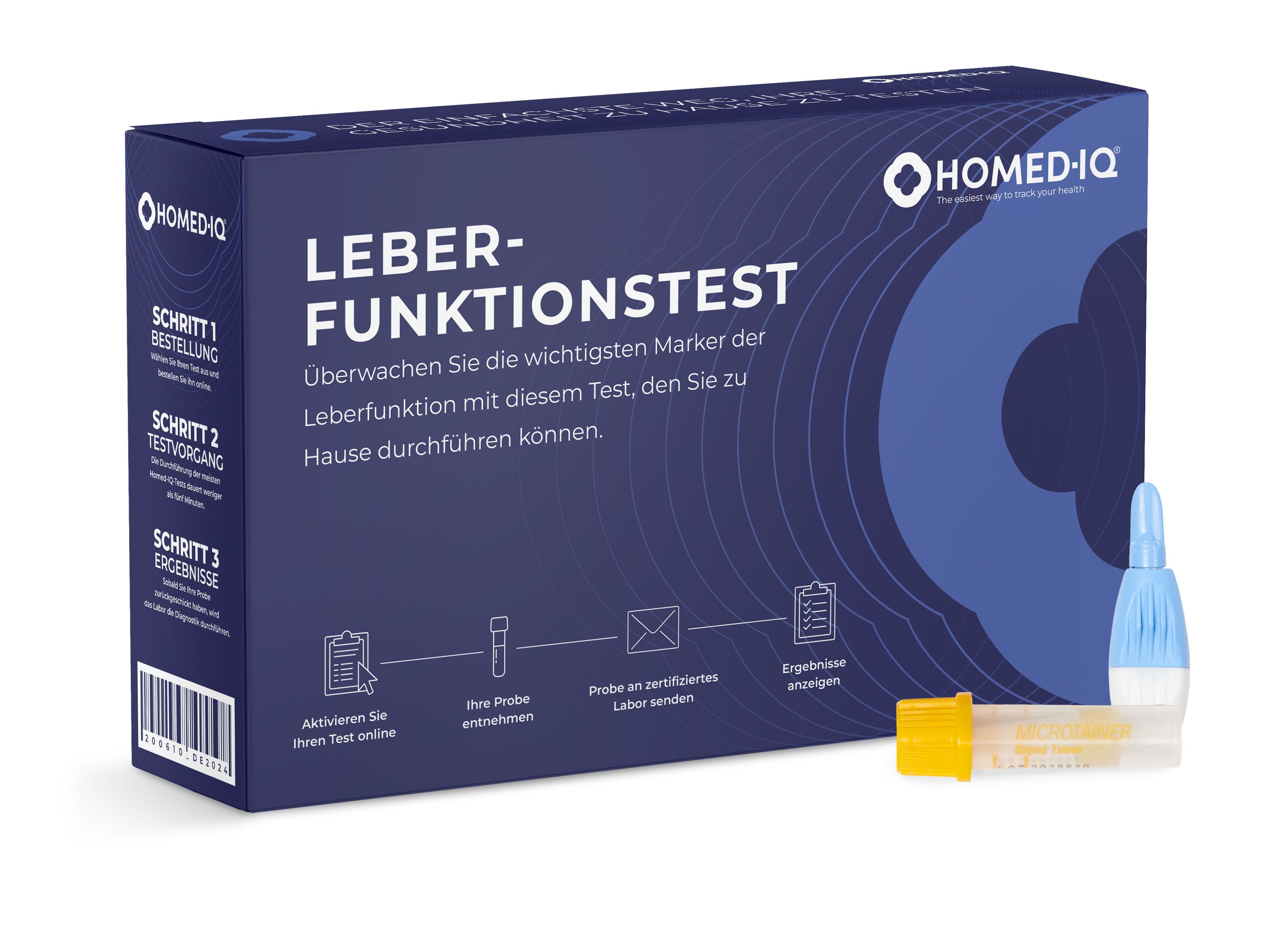 Blau-weiße Verpackung mit Aufschrift "LEBER-FUNKTIONSTEST" und Logo "HOMED-IQ". Enthält Teströhrchen und Zubehör.