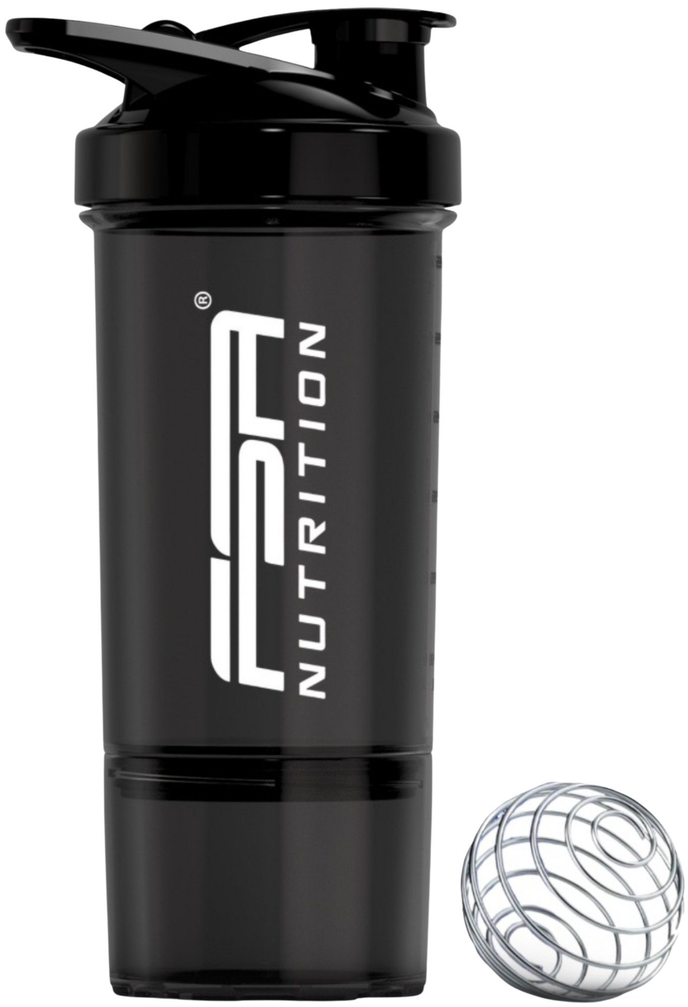 Schwarzer Shaker mit Mischkugel. FSA NUTRITION Logo. Skala. Pulverfach.