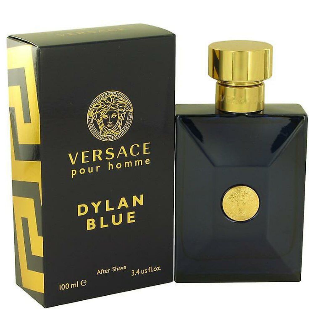 Schwarze Schachtel und blauer Flakon. Goldfarbene Kappe und Medusa-Logo. Aufschrift: VERSACE POUR HOMME DYLAN BLUE After Shave.