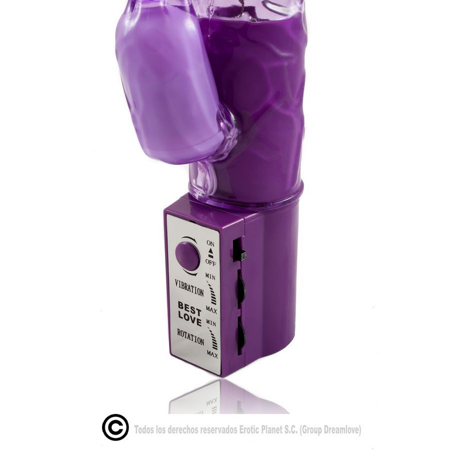 Nahaufnahme des Sockels eines lila Vibrators mit Bedienelementen für Vibration und Rotation.