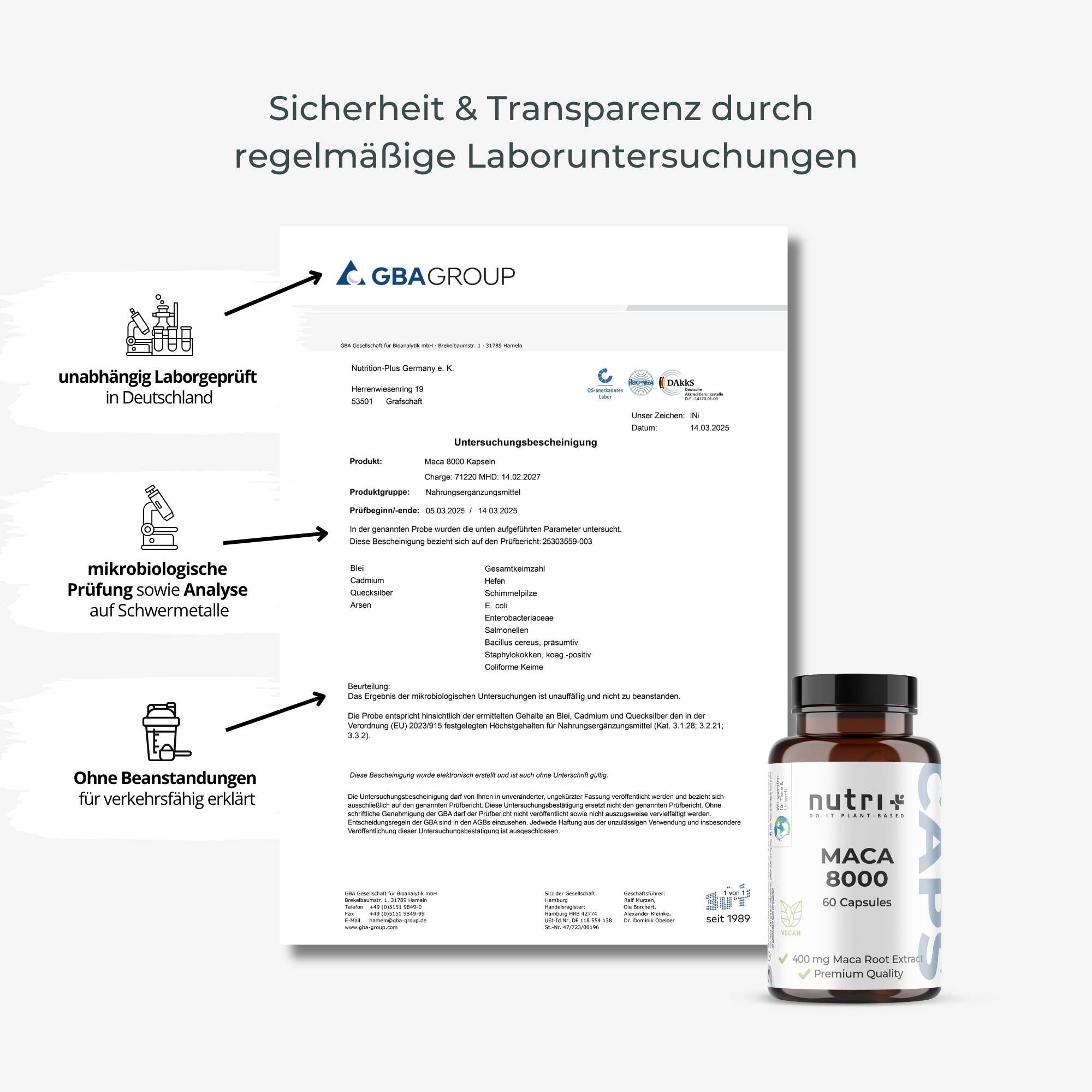 Zertifikat mit Text. Flasche mit Kapseln. Aufschrift: Maca 8000, 60 Kapseln. GBA Group Logo.