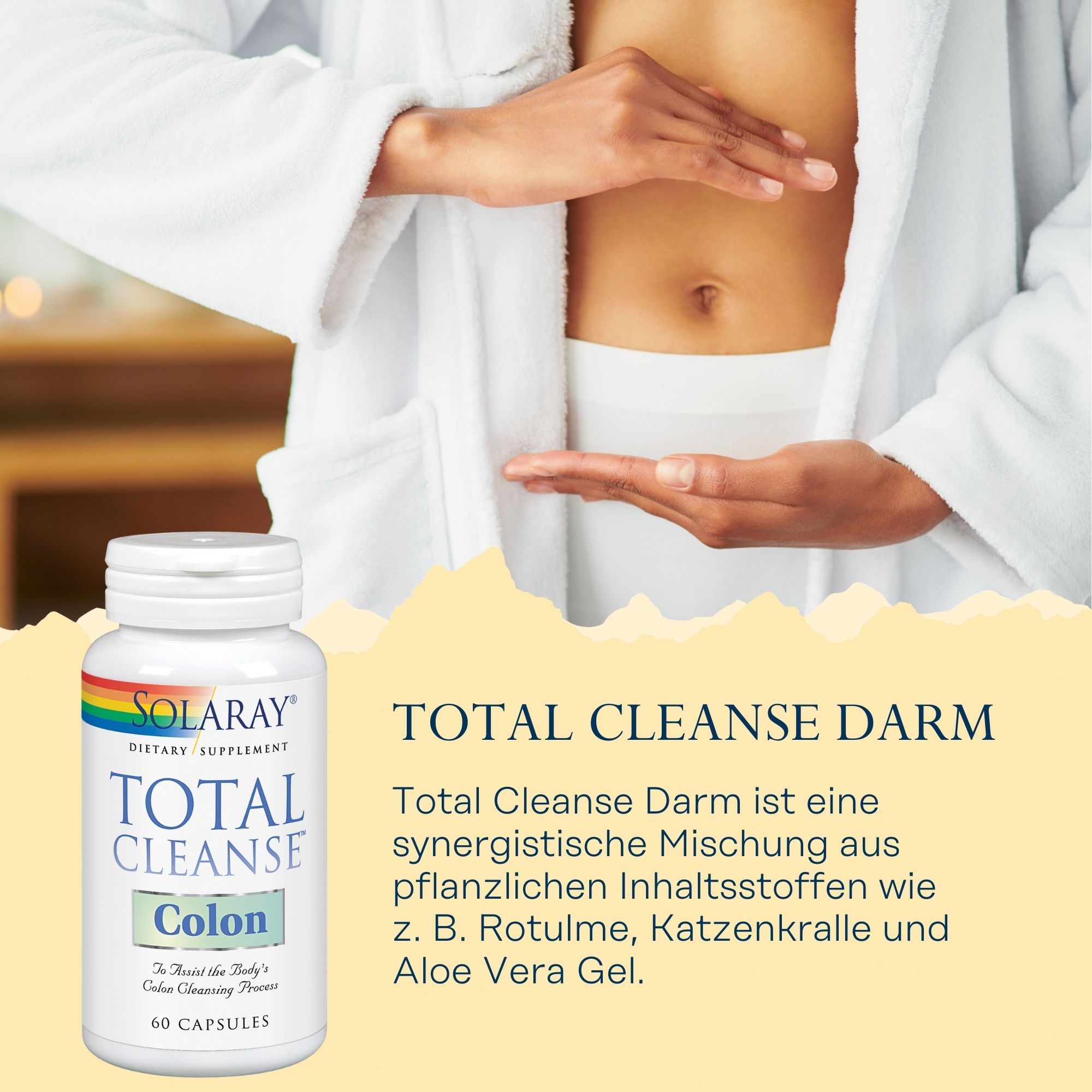 Weiße Flasche mit Solaray Total Cleanse Darm. Aufschrift: Total Cleanse Colon, 60 Kapseln. Person im Bademantel, Hände am Bauch.
