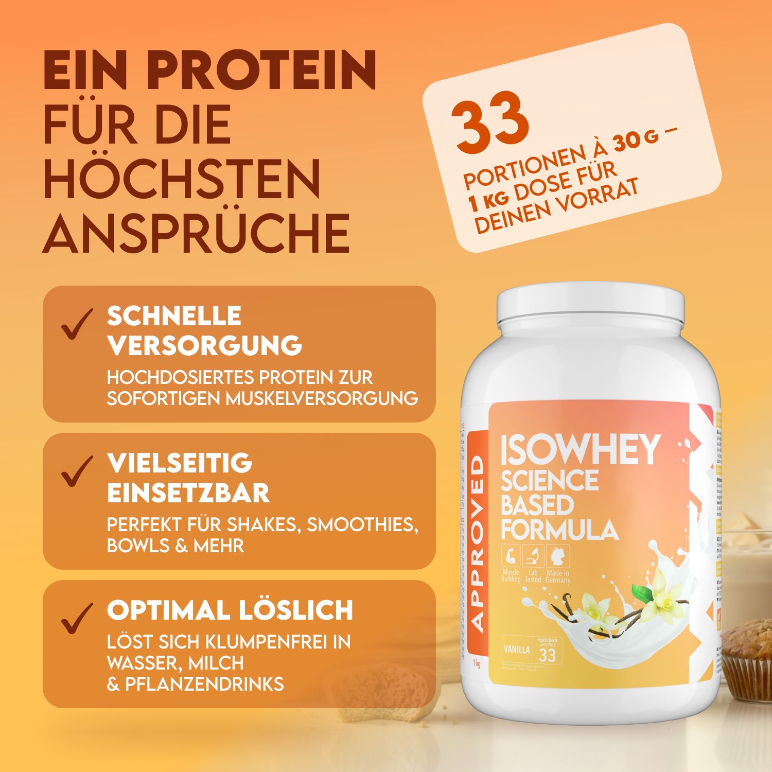 Weißer IsoWhey-Behälter. Text: Ein Protein für die höchsten Ansprüche. Schnelle Versorgung, vielseitig einsetzbar, optimal löslich. 33 Portionen.
