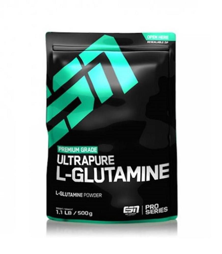 ESN Ultrapure L-Glutamin Pulver in schwarzer Verpackung mit türkisfarbenem Logo und Schriftzug.