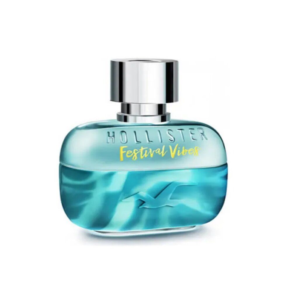 Hollister Festival Vibes Him Eau De Toilette Spray. Türkis-farbener Flakon mit silbernem Deckel. Gelber Schriftzug und Logo.