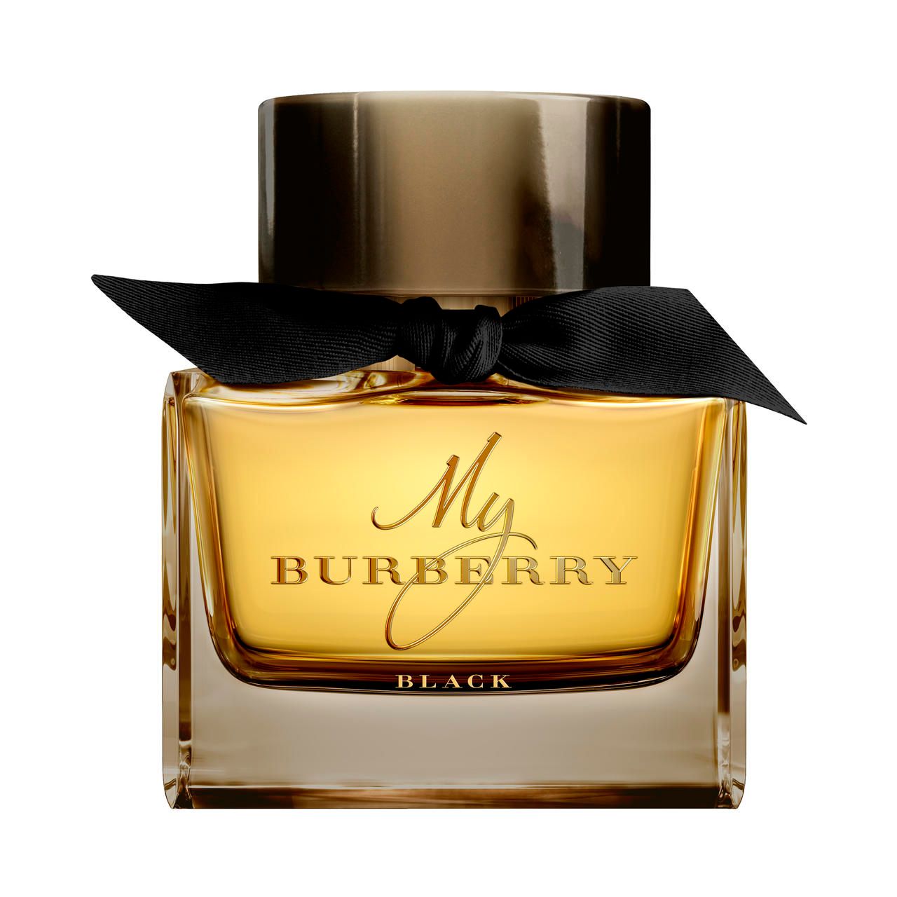 Burberry My Burberry Black E.d.P. Nat. Spray. Quadratischer Flakon mit schwarzer Schleife. Goldfarbener Schriftzug.