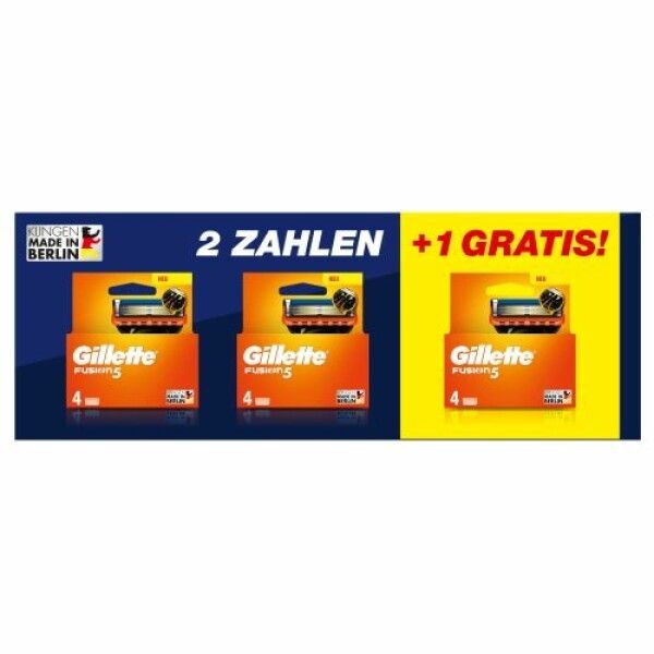 Drei Packungen Gillette Fusion5 Ersatzklingen. Aufschrift: 2 zahlen + 1 gratis. Made in Berlin. Jede Packung enthält 4 Klingen.