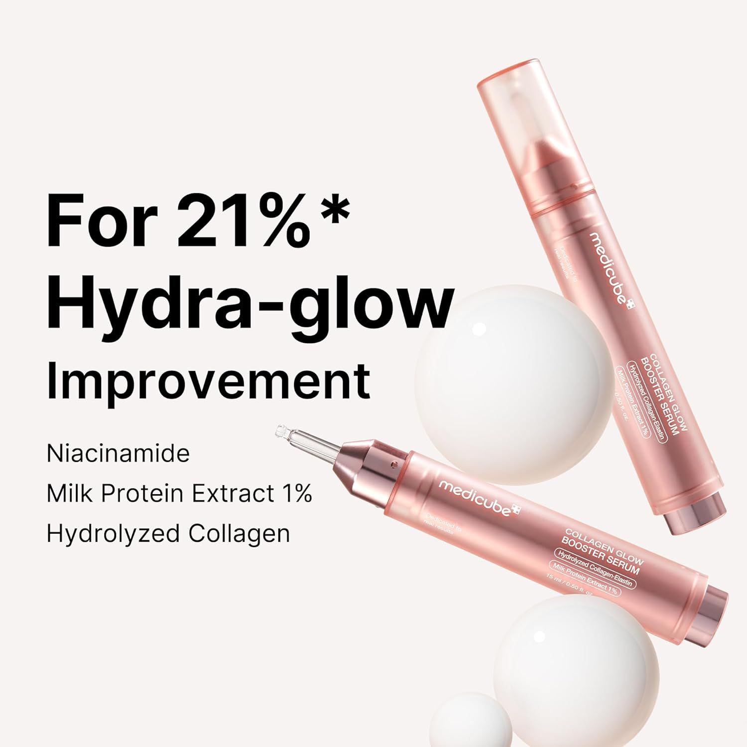Zwei rosa Serumflaschen und weiße Kugeln. Text: For 21%* Hydra-glow Improvement. Inhaltsstoffe: Niacinamid, Milk Protein Extract 1%, Hydrolyzed Collagen.