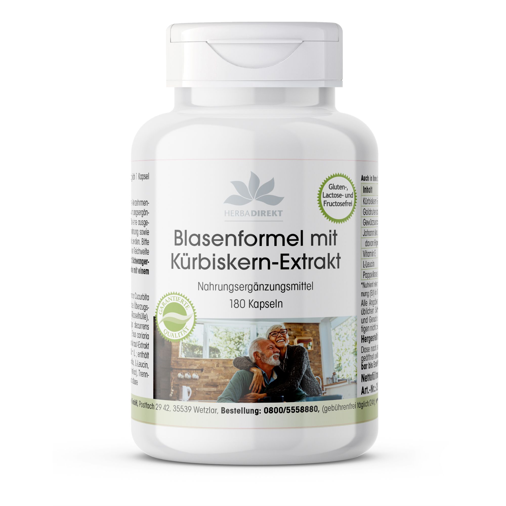 Weiße Flasche mit Kapseln. Aufschrift: Blasenformel mit Kürbiskern-Extrakt, 180 Kapseln. Logo: Herba Direkt. Gluten-, Laktose- und Fructosefrei.