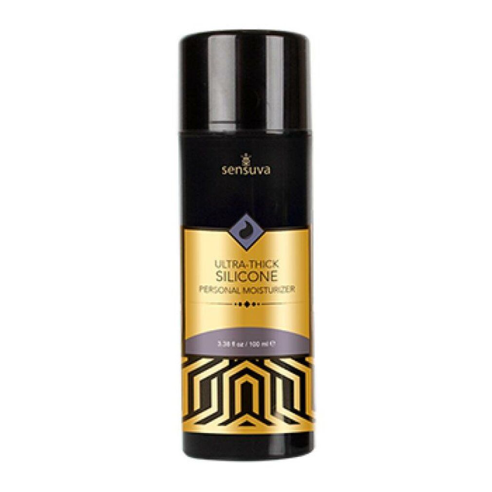 Schwarze Flasche mit goldfarbenem Etikett. Aufschrift: Ultra-Thick Silicone Personal Moisturizer. Marke: Sensuva. Inhalt: 100 ml.