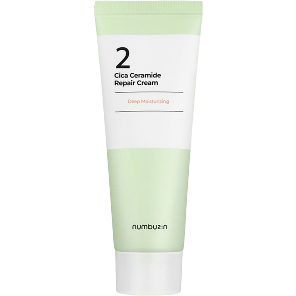 Creme-Tube mit grünen und weißen Abschnitten. Aufschrift: "2 Cica Ceramide Repair Cream". Marke: numbuz:n.