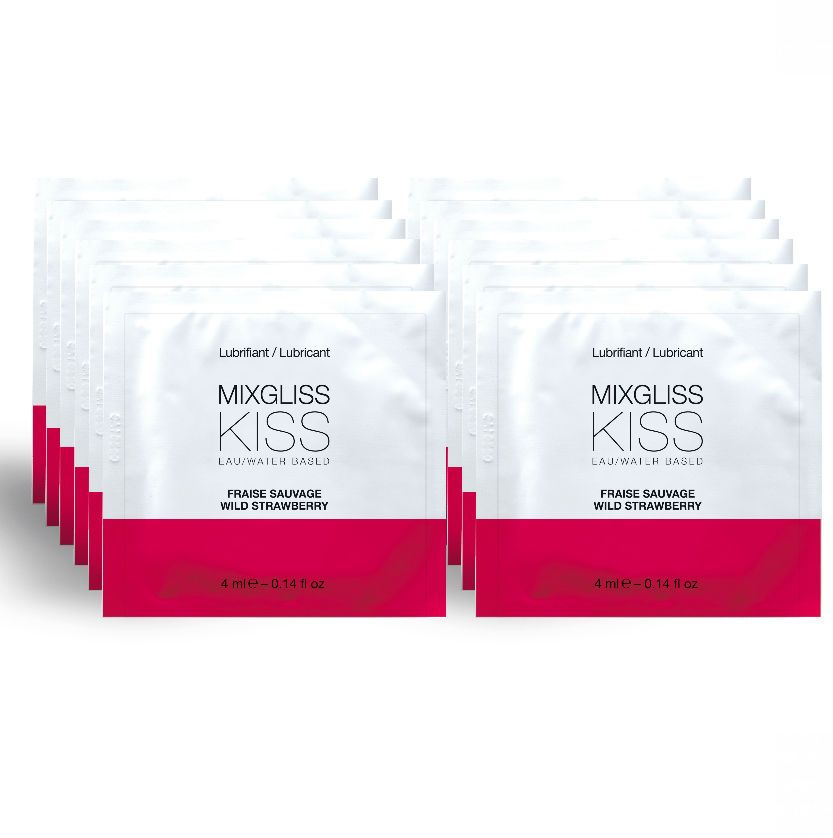 Mehrere Einzelverpackungen mit rotem Streifen und Produktnamen. Text: Mixgliss Kiss, Fraise Sauvage, Wasserbasiert.